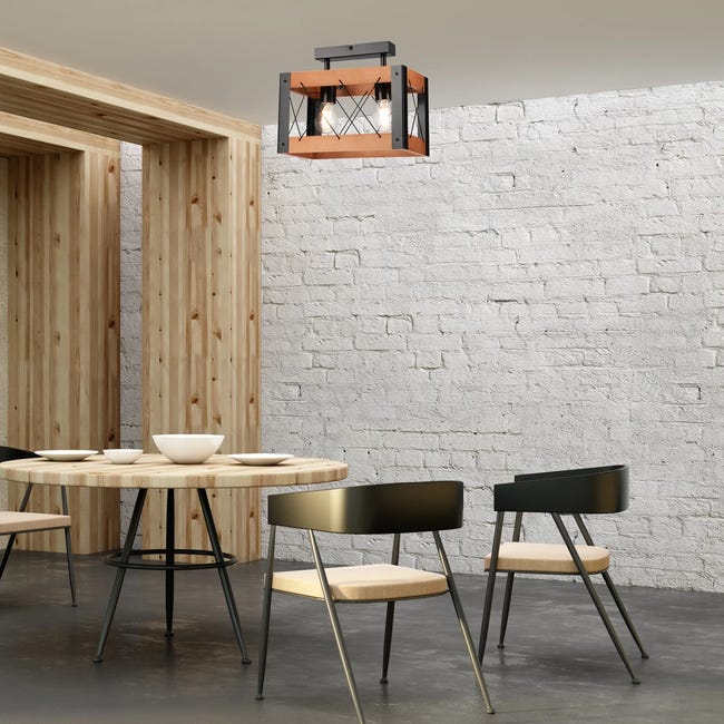 Lampa sufitowa Frida czarna z rustykalnym drewnem 2 x E27 Lamkur