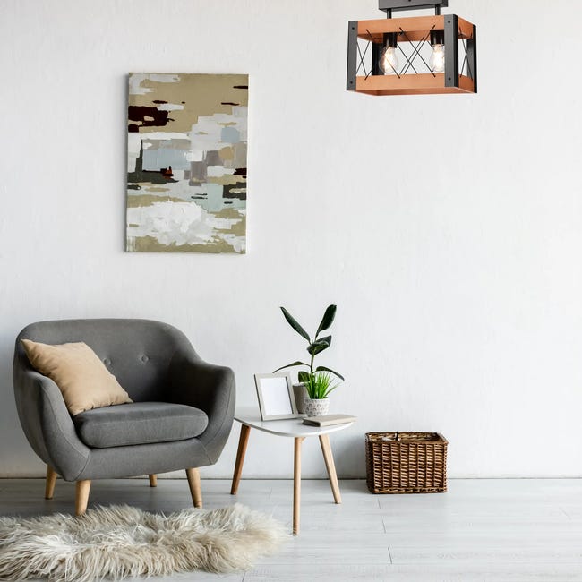 Lampa sufitowa Frida czarna z rustykalnym drewnem 2 x E27 Lamkur