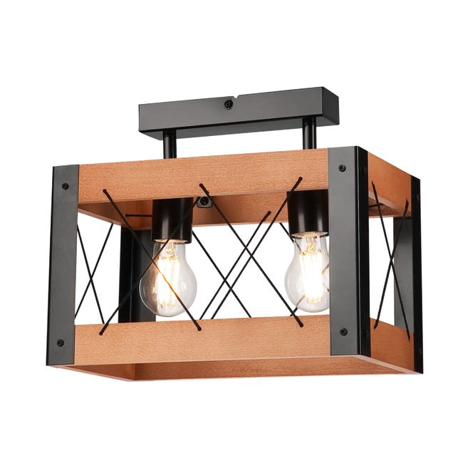 Lampa sufitowa Frida czarna z rustykalnym drewnem 2 x E27 Lamkur