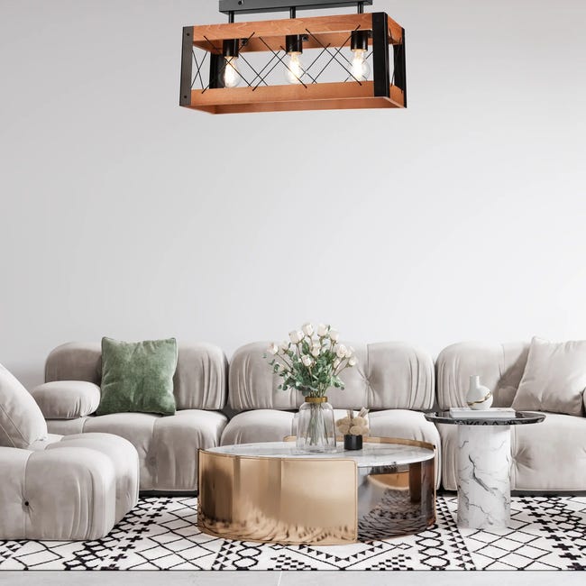 Lampa sufitowa Frida czarna z rustykalnym drewnem 3 x E27 Lamkur