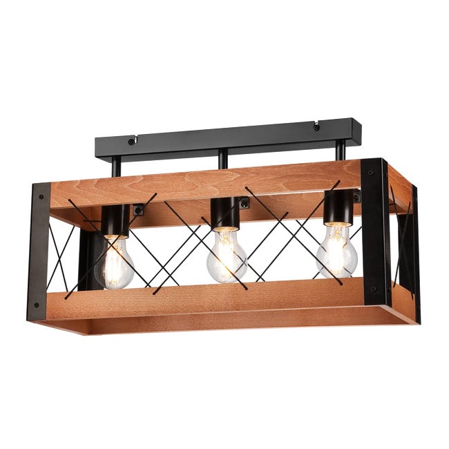 Lampa sufitowa Frida czarna z rustykalnym drewnem 3 x E27 Lamkur
