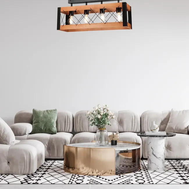 Lampa sufitowa Frida czarna z rustykalnym drewnem 4 x E27 Lamkur