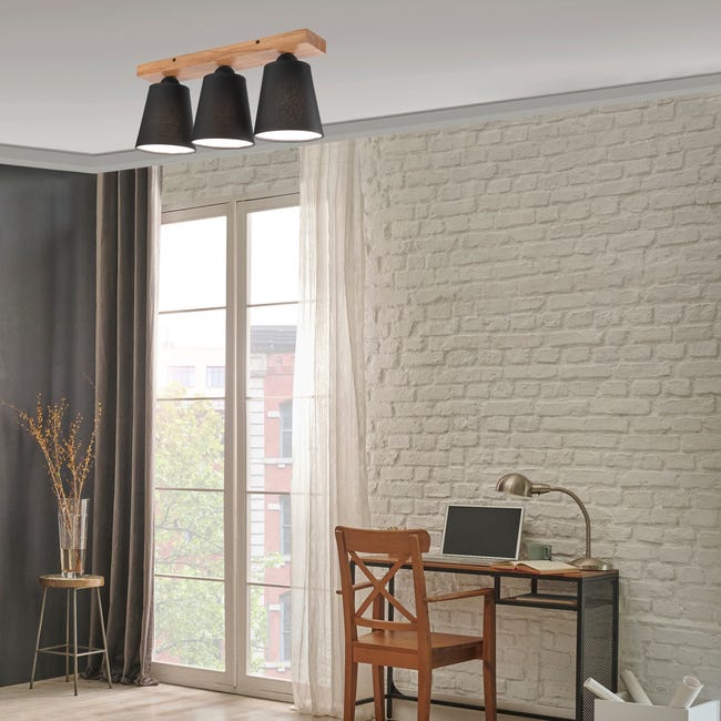 Lampa sufitowa Lula czarna z drewnem 3 x E27 Lamkur