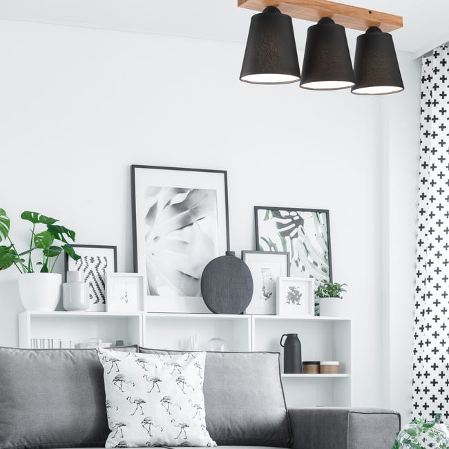 Lampa sufitowa Lula czarna z drewnem 3 x E27 Lamkur