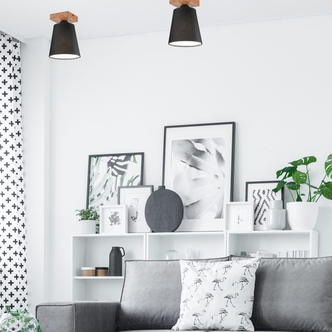 Lampa sufitowa Lula czarna z drewnem E27 Lamkur