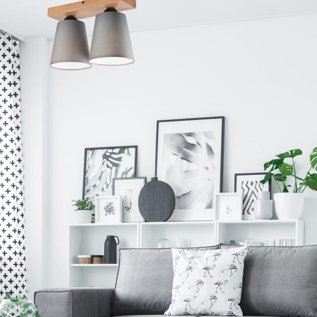 Lampa sufitowa Lula szara z drewnem 2 x E27 Lamkur