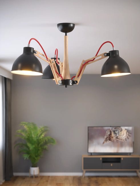 Lampa sufitowa Marcello czarna z drewnem 3 x E27 Lamkur