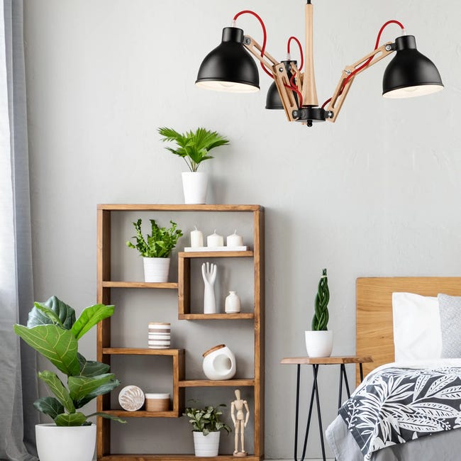Lampa sufitowa Marcello czarna z drewnem 3 x E27 Lamkur