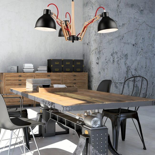 Lampa sufitowa Marcello czarna z drewnem 3 x E27 Lamkur