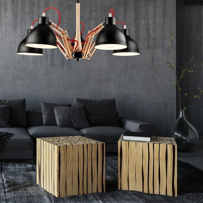 Lampa sufitowa Marcello czarna z drewnem 5 x E27 Lamkur