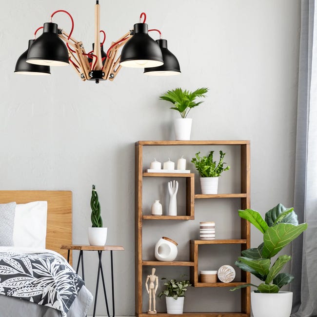 Lampa sufitowa Marcello czarna z drewnem 5 x E27 Lamkur