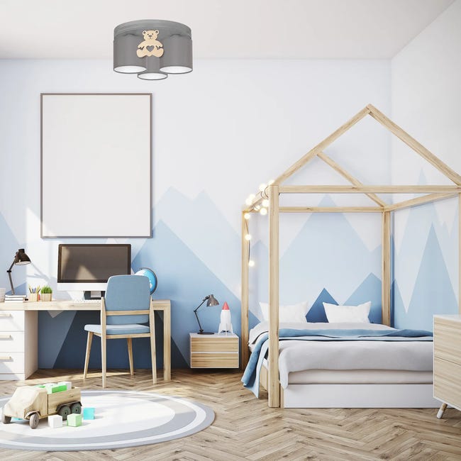 Lampa sufitowa Miś szara z drewnem E27 Eko-Light