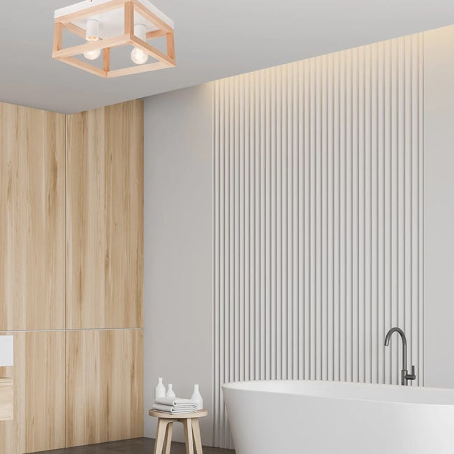 Lampa sufitowa Villy biała z drewnem 2 x E27 Lamkur