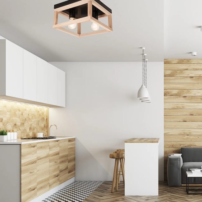 Lampa sufitowa Villy czarna z drewnem 2 x E27 Lamkur