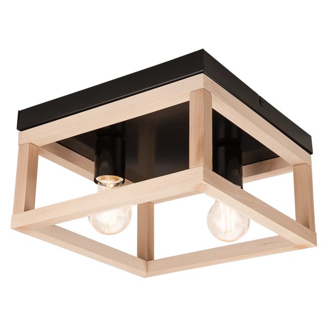 Lampa sufitowa Villy czarna z drewnem 2 x E27 Lamkur