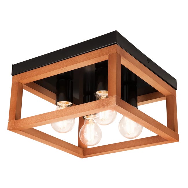 Lampa sufitowa Villy czarna z rustykalnym drewnem 4 x E27 Lamkur