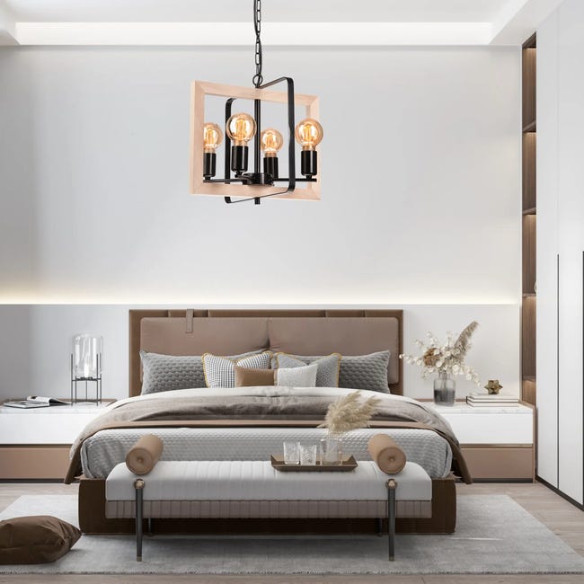 Lampa wisząca Cedric czarna z drewnem 4 x E27 Lamkur