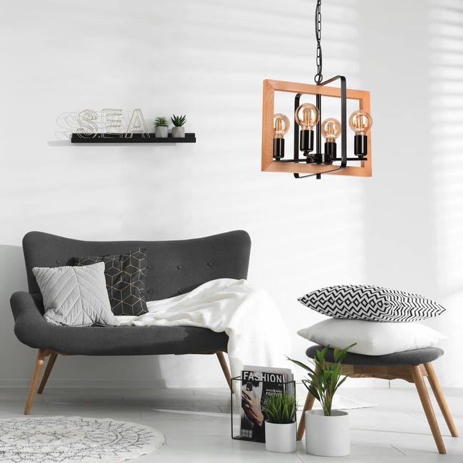 Lampa wisząca Cedric czarna z rustykalnym drewnem 4 x E27 Lamkur