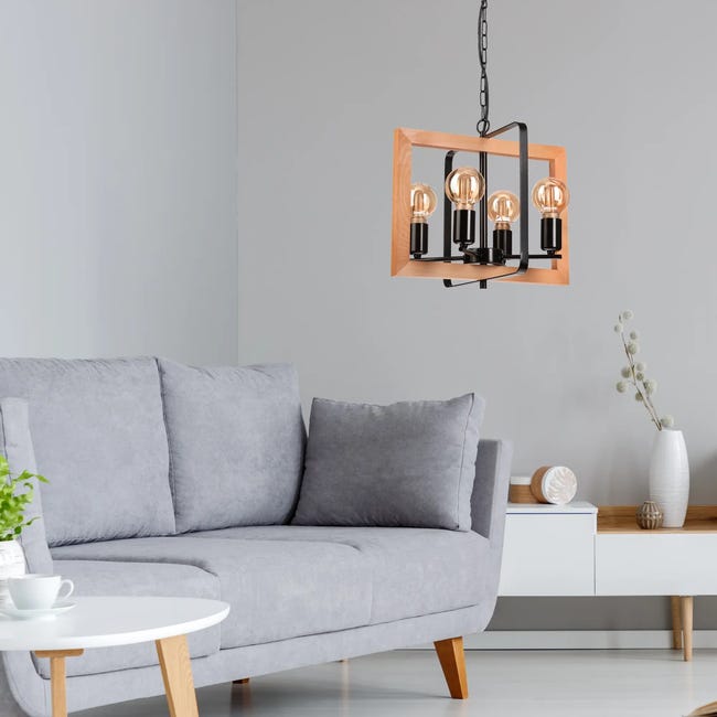 Lampa wisząca Cedric czarna z rustykalnym drewnem 4 x E27 Lamkur