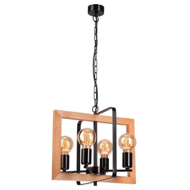 Lampa wisząca Cedric czarna z rustykalnym drewnem 4 x E27 Lamkur
