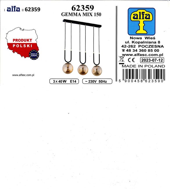 Lampa wisząca Gemma czarno-bursztynowa 3 x E27 Alfa