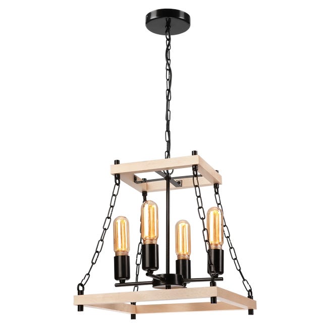 Lampa wisząca Jasper czarna z drewnem 4 x E27 Lamkur