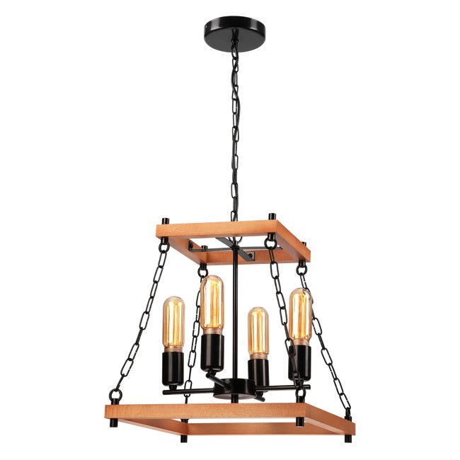 Lampa wisząca Jasper czarna z rustykalnym drewnem 4 x E27 Lamkur
