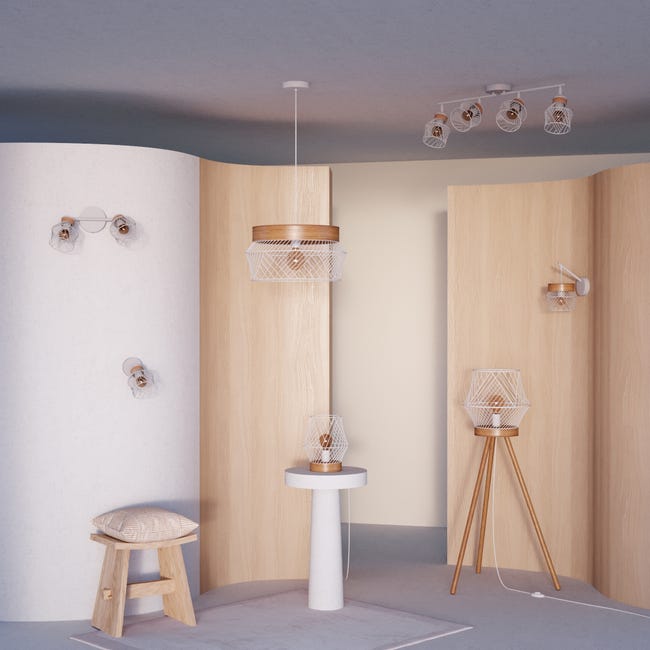 Lampa wisząca Kanel biała z drewnem E27 Inspire