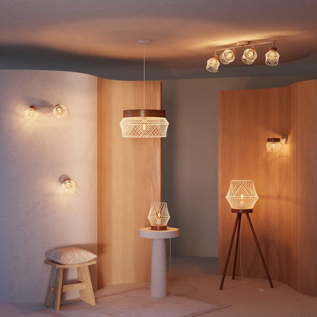 Lampa wisząca Kanel biała z drewnem E27 Inspire