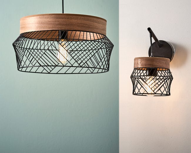 Lampa wisząca Kanel czarna z drewnem E27 Inspire