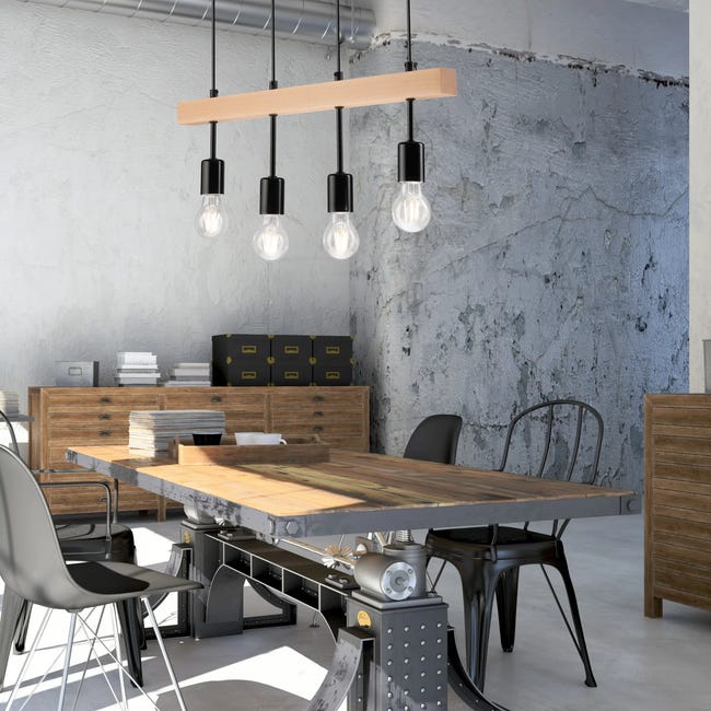 Lampa wisząca Orazio czarna z drewnem 4 x E27 Lamkur