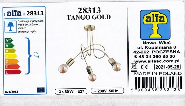 Lampa wisząca Tango złota 3 x E27 Alfa