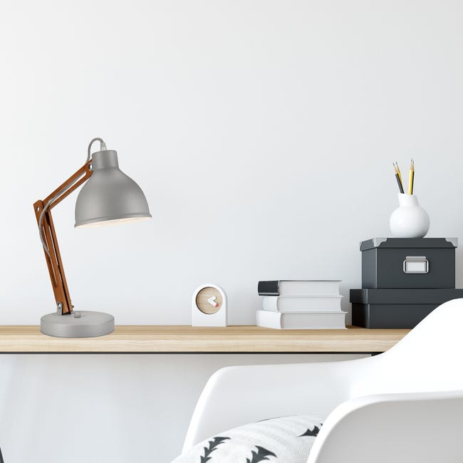 Lampka biurkowa Marcello szara z drewnem E27 Lamkur