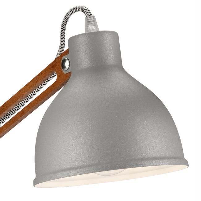 Lampka biurkowa Marcello szara z drewnem E27 Lamkur