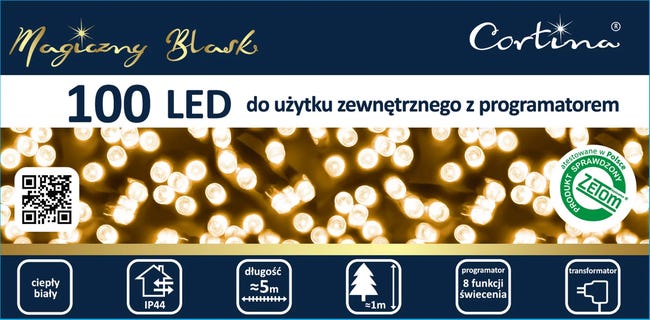Lampki choinkowe wewnętrzne i zewnętrzne 350cm transformator 100 LED ciepłe białe