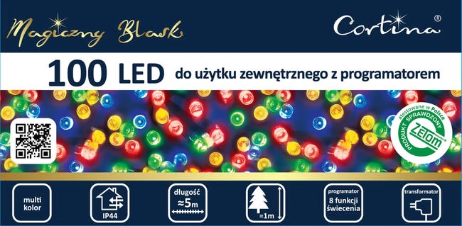 Lampki choinkowe wewnętrzne i zewnętrzne 350cm transformator 100 LED multikolor