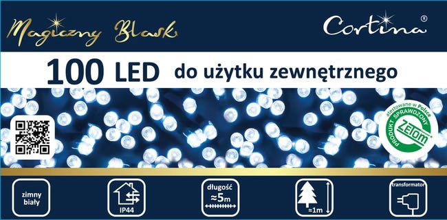 Lampki choinkowe wewnętrzne i zewnętrzne 500cm transformator 100 LED białe zimne
