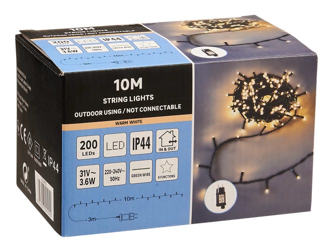 Lampki choinkowe zewnętrzne 10m 200 LED ciepła biel 8 funkcji