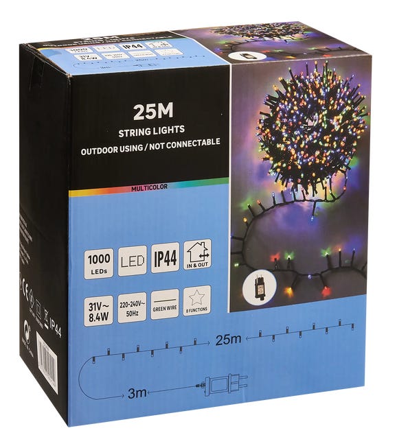 Lampki choinkowe zewnętrzne 25m 1000 LED multikolor