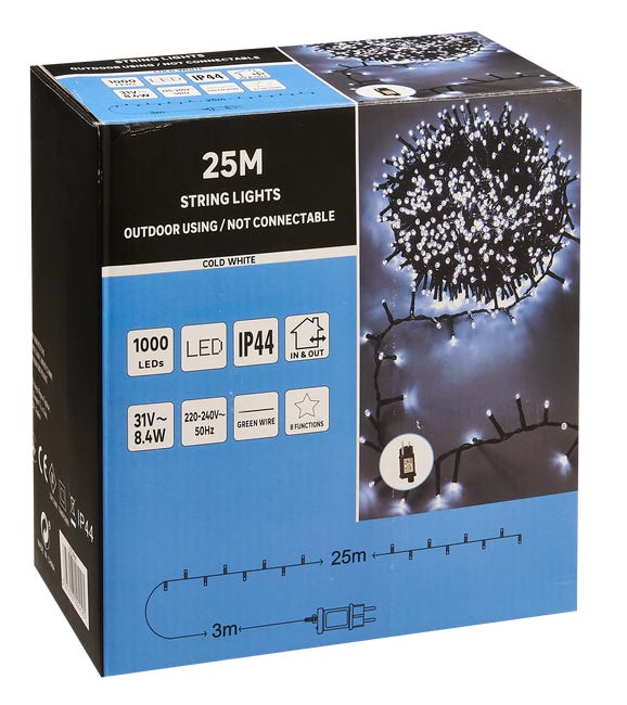 Lampki choinkowe zewnętrzne 25m 1000 LED zimna biel