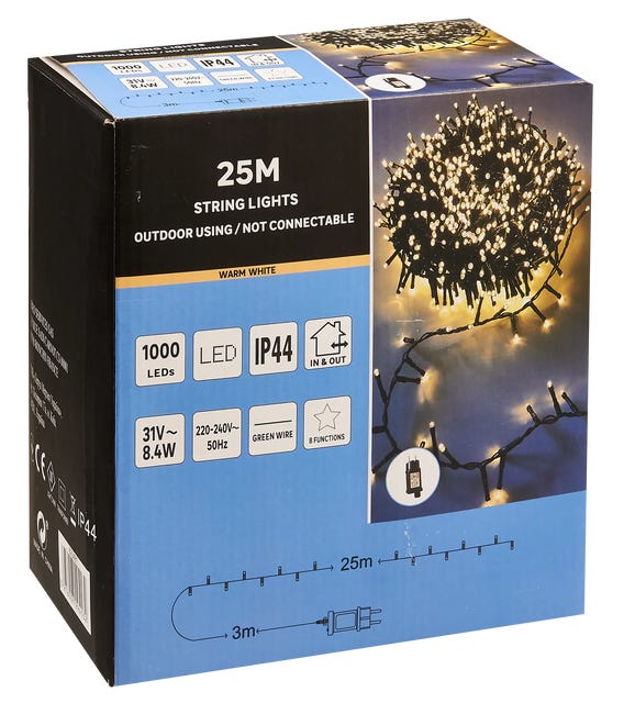 Lampki choinkowe zewnętrzne 25m 1000LED 8 funkcji ciepła biel