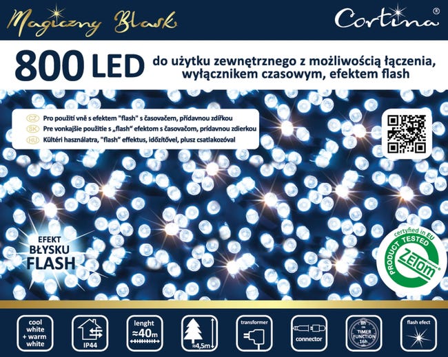 Lampki choinkowe zewnętrzne 40m 800 LED zimna biel timer