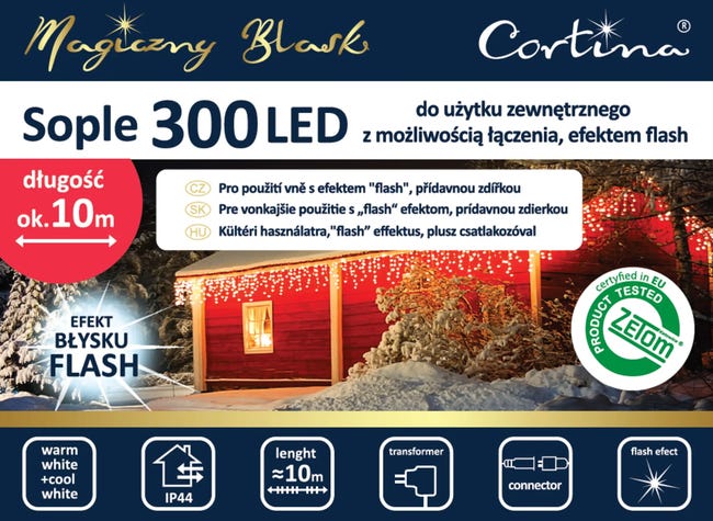 Lampki choinkowe zewnętrzne sople 10m 300 LED ciepła biel