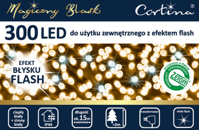 Lampki zewnętrzne 15m 300 LED zimna biel