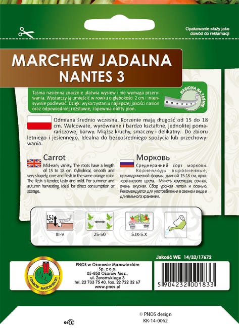 Marchew jadalna Nantes 3 nasiona na taśmie 6m Pnos