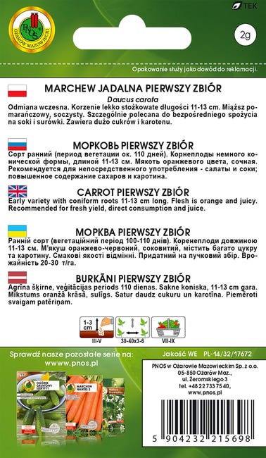 Marchew jadalna Pierwszy Zbiór nasiona Pnos