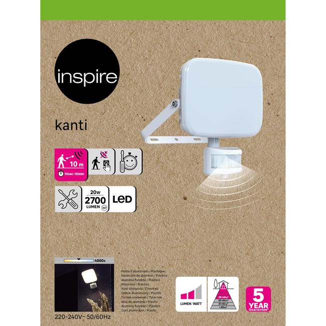 Naświetlacz zewnętrzny Kanti biały 2700 lm IP44 z czujnikiem LED Inspire