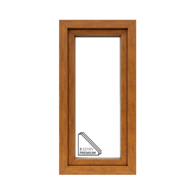 Okno PCV 3-szybowe fasadowe O11/85 złoty dąb 565x1135 mm otwierane do wewnątrz lewe Witraż