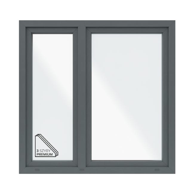 Okno PCV 3-szybowe fasadowe O34/85 antracytowe 1465x1435 mm otwierane do wewnątrz prawe Witraż