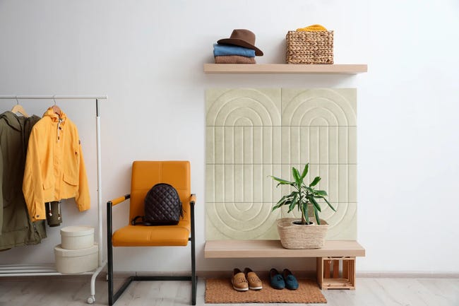 Panel ścienny tapicerowany prostokąt 60x30 cm tkanina na filcu beżowy pasy tęczna Vega 02 Folte